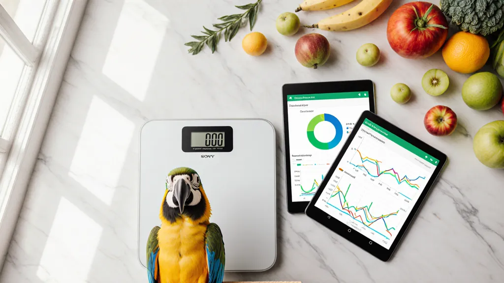 Parrot health tracking workspace with scale, charts, and fresh food