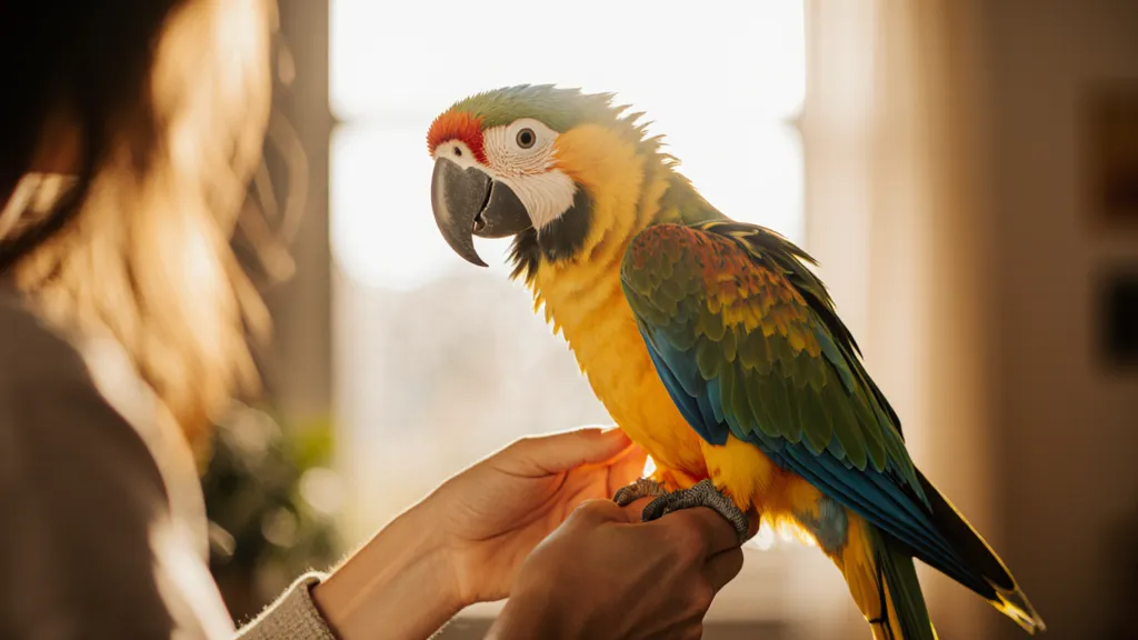 Parrot owner bonding with their colorful bird